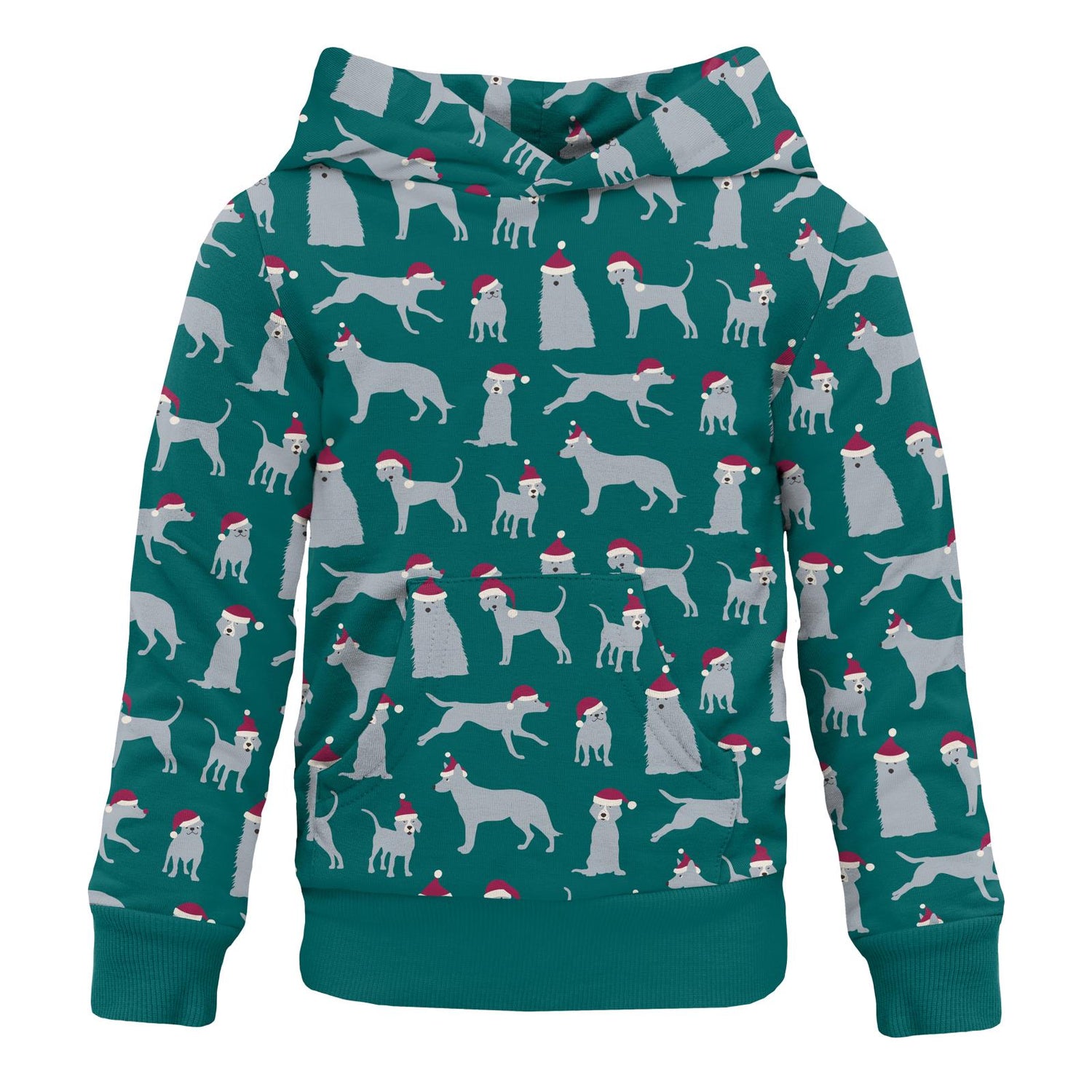 Print Fleece Kangaroo Pocket Pullover in Cedar Santa Dogs