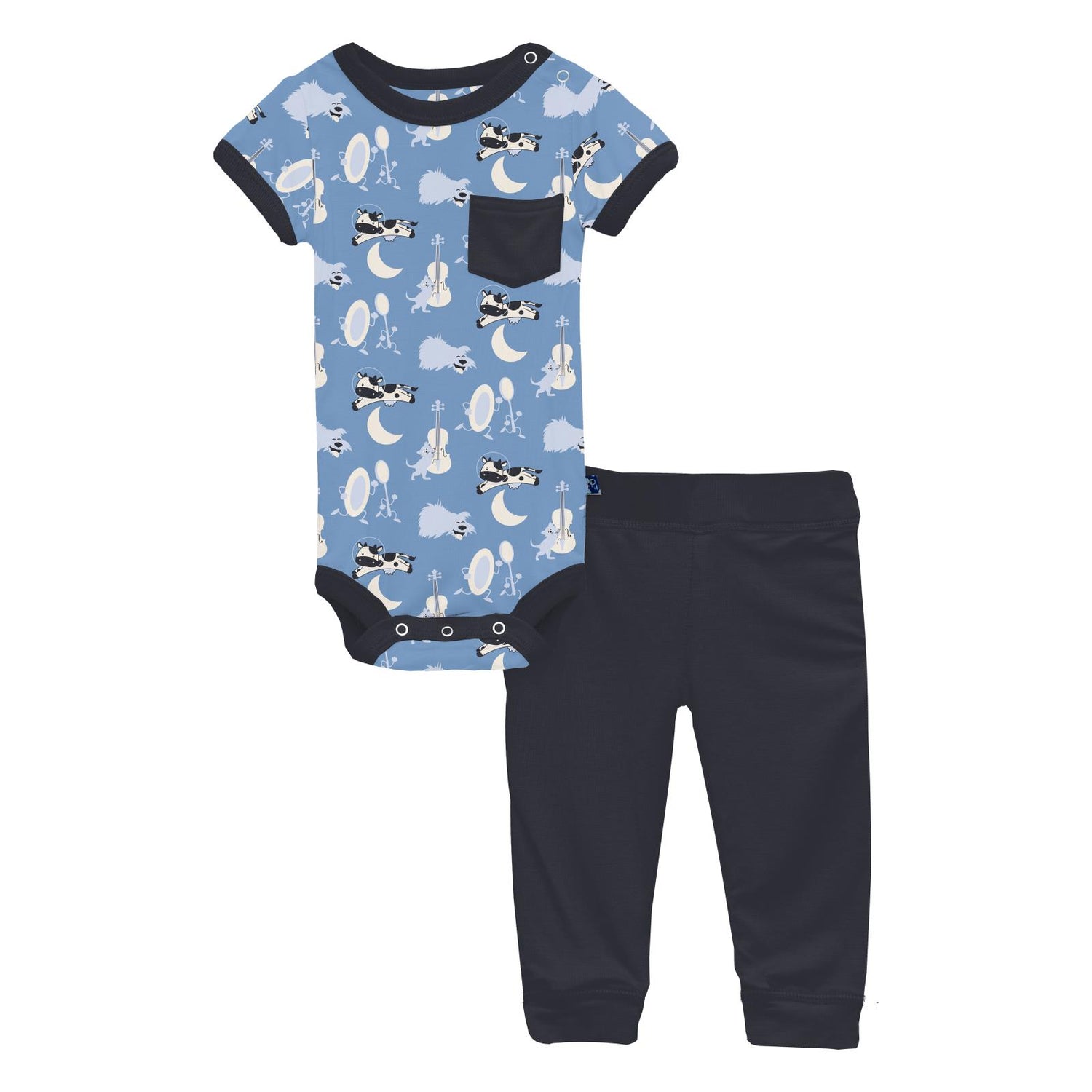 Print Short Sleeve Pocket One Piece & Pants Outfit Set in Dream Blue Hey Diddle Diddle