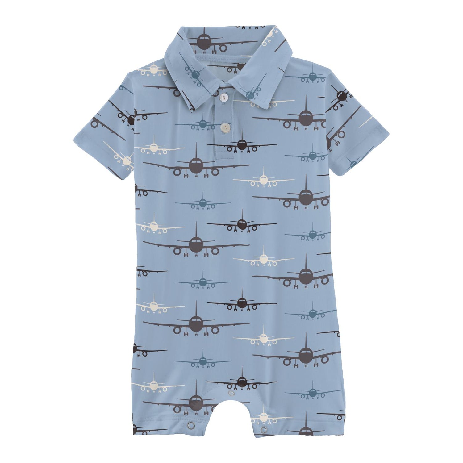 Print Short Sleeve Polo Romper in Pond Airplanes